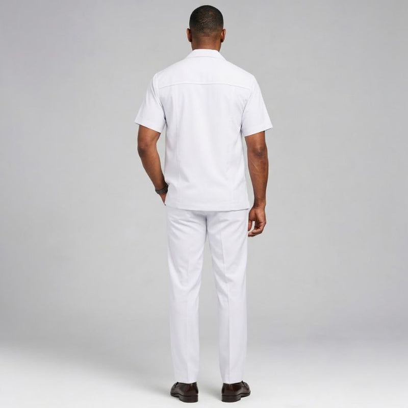Riviera Cuban Two-Piece Short-Sleeve Shirt & Trouser Set – White