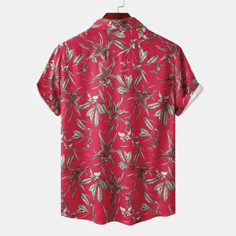 Men's Red Tropical Floral Print Short Sleeve Shirt
