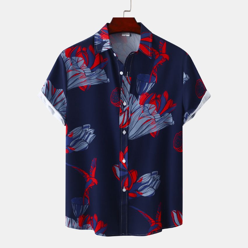 Floral Red Rose Print Short-Sleeve Fashion Shirt