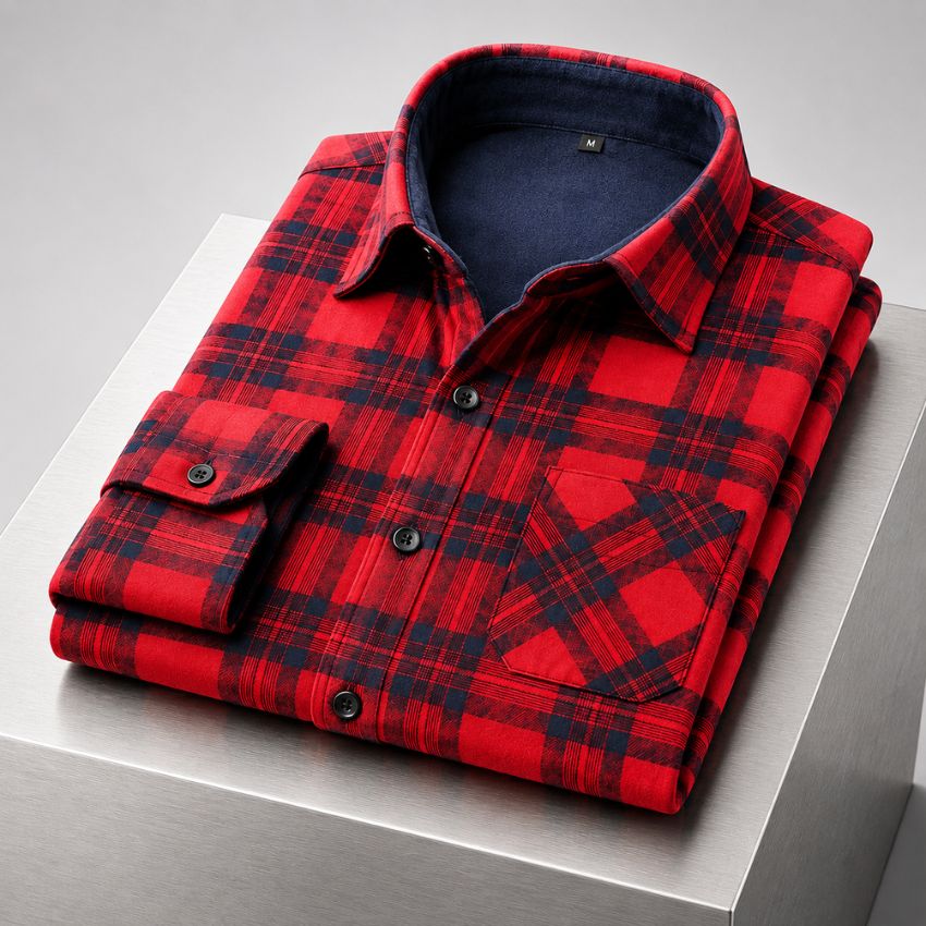 Men's Classic Red and Navy Plaid Thermal-Lined Flannel Shirt