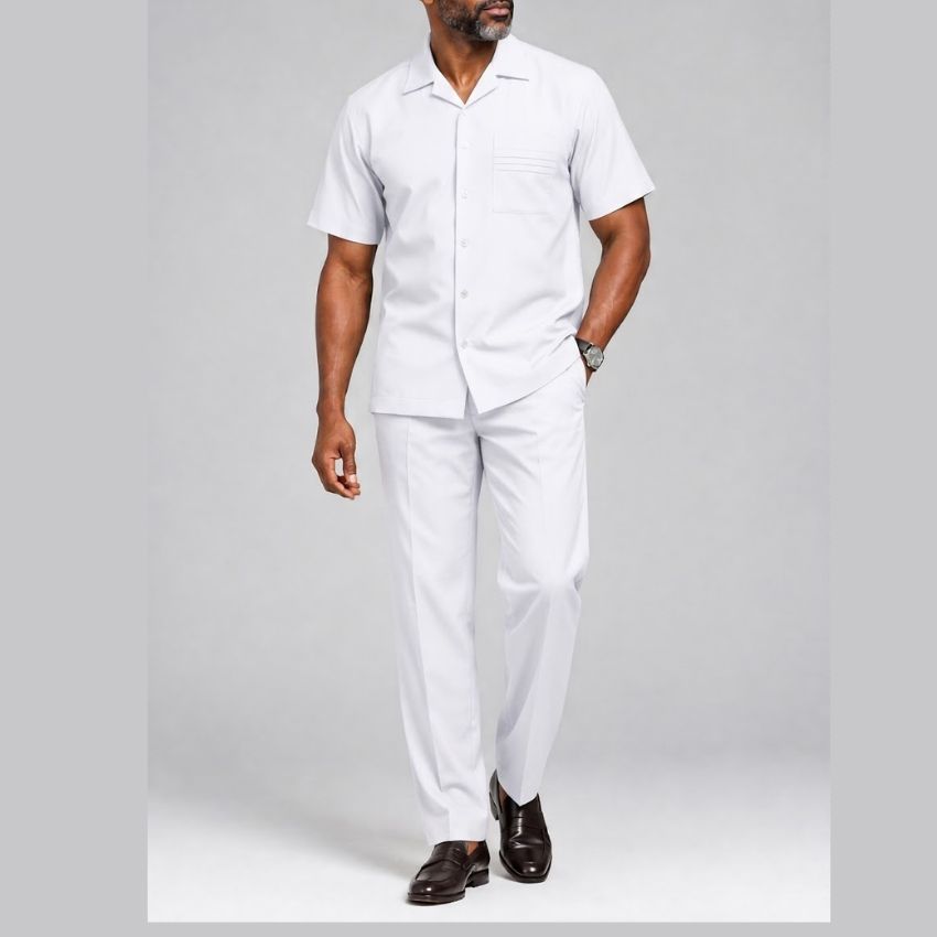 Riviera Cuban Two-Piece Short-Sleeve Shirt & Trouser Set – White