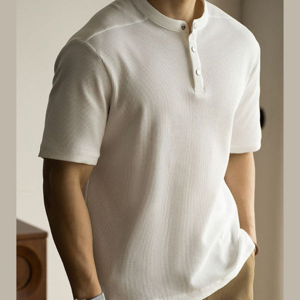 Men’s Retro Textured Waffle Henley Collar Short Sleeve Shirt White