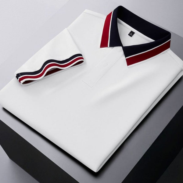 Men’s White Classic Piqué Polo Shirt with Navy and Burgundy Striped Ribbed Collar