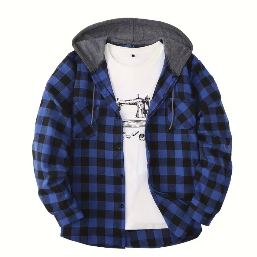 Men’s Blue Hooded Sweatshirt & Plaid Jacket — Button Front Streetwear Hoodie for Gym & Casual Wear
