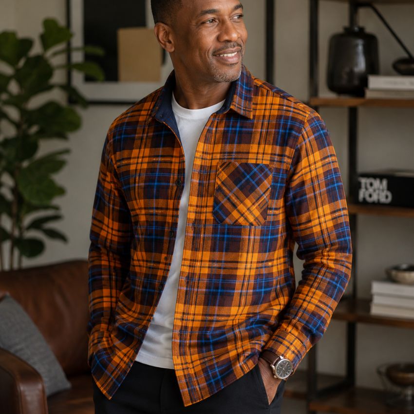 Men's Classic Oraneg and Navy Plaid Thermal-Lined Flannel Shirt