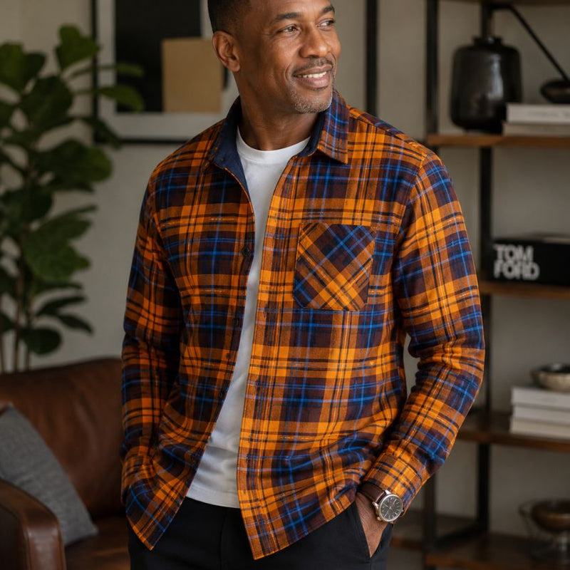 Men's Classic Oraneg and Navy Plaid Thermal-Lined Flannel Shirt