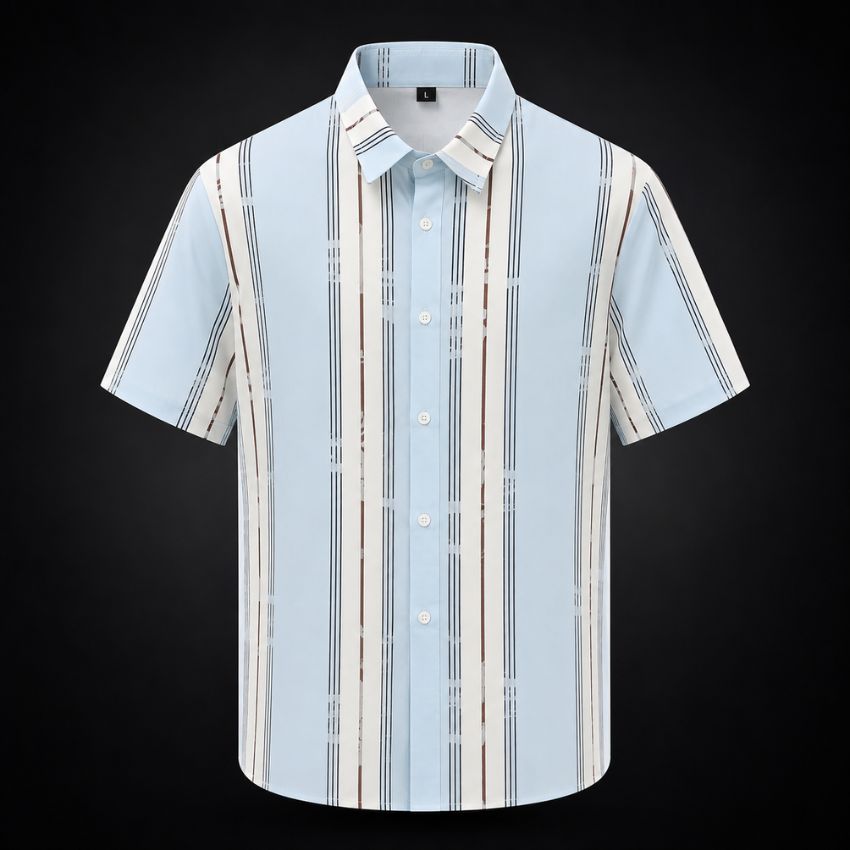 Light Blue Leaf-Striped Short-Sleeve Shirt Men C268 - Sales