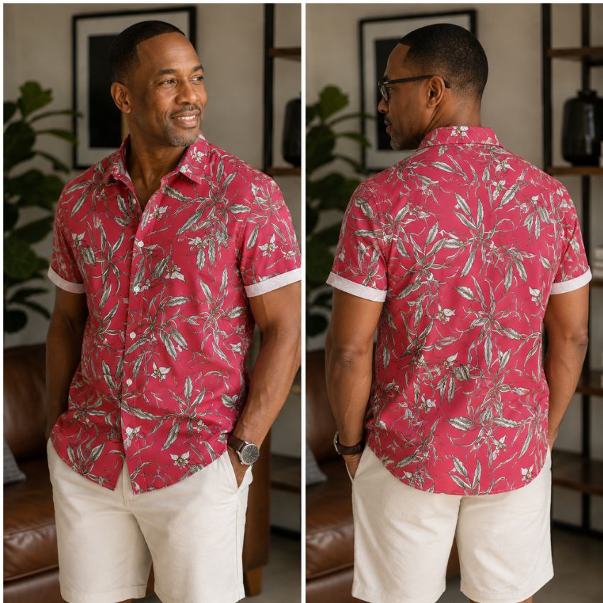 Men's Red Tropical Floral Print Short Sleeve Shirt