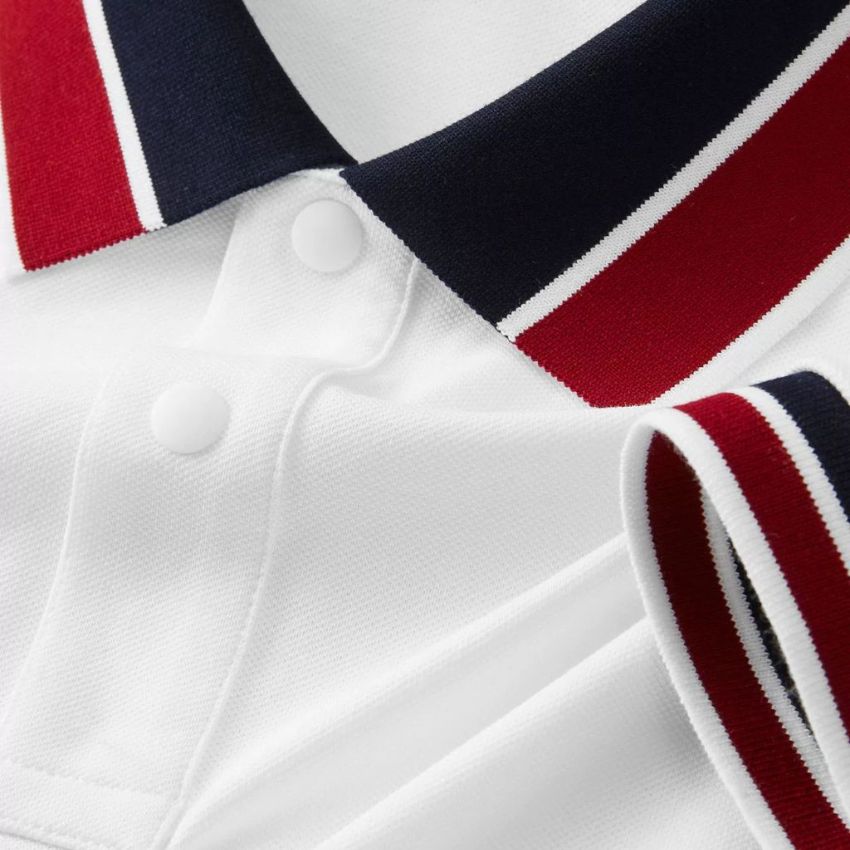 Men’s White Classic Piqué Polo Shirt with Navy and Burgundy Striped Ribbed Collar