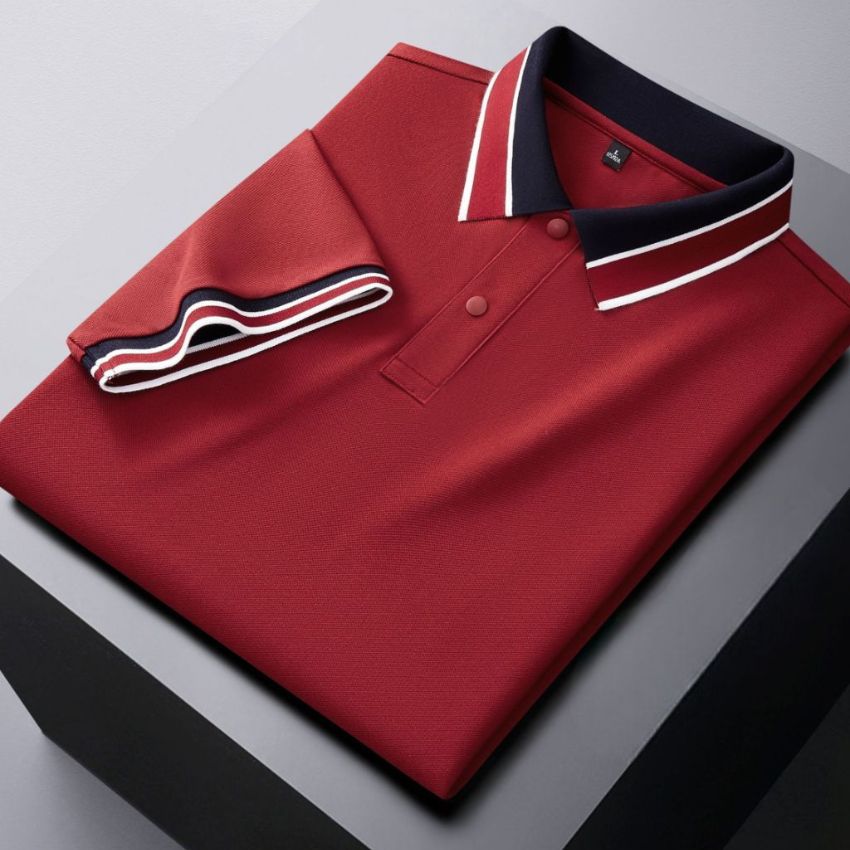 Men’s White Classic Piqué Polo Shirt with Navy and Burgundy Striped Ribbed Collar