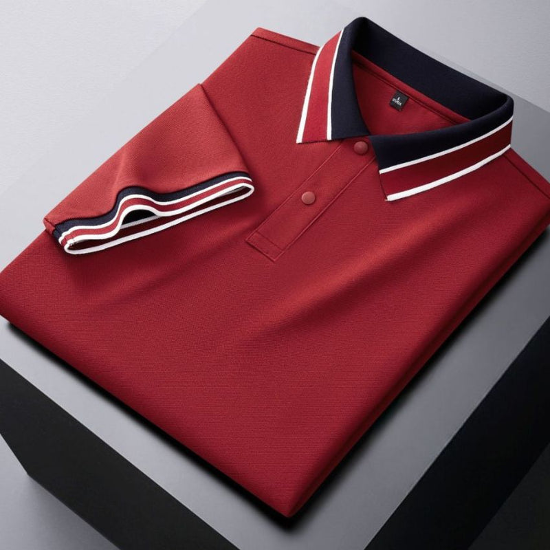 Men’s White Classic Piqué Polo Shirt with Navy and Burgundy Striped Ribbed Collar