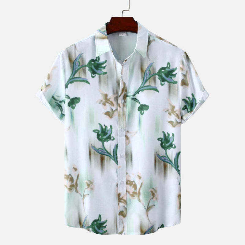 White Floral Hawaiian Print Short-Sleeved Shirt C253 - Noriastylez