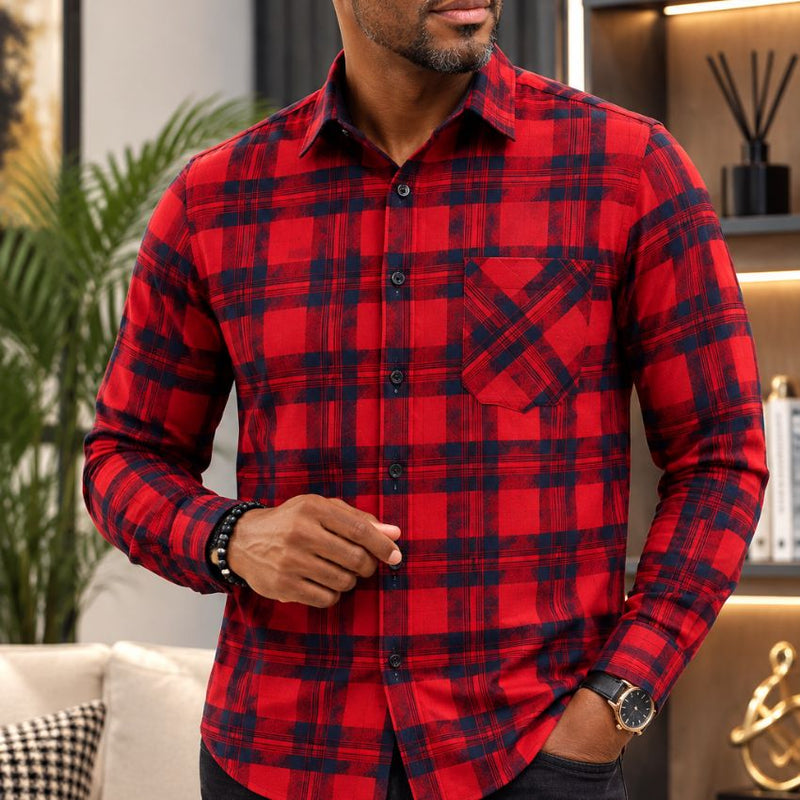 Men's Classic Red and Navy Plaid Thermal-Lined Flannel Shirt