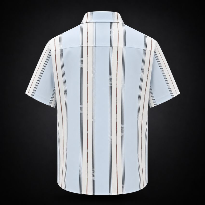 Light Blue Leaf-Striped Short-Sleeve Shirt Men C268 - Sales