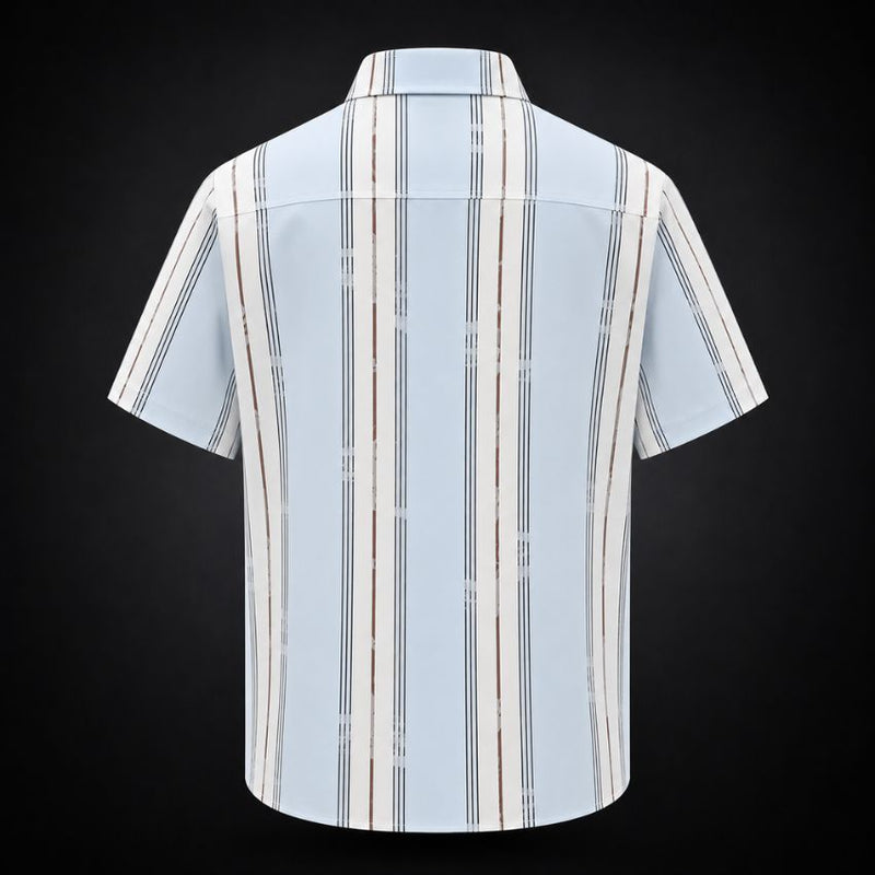 Light Blue Leaf-Striped Short-Sleeve Shirt Men C268 - Sales