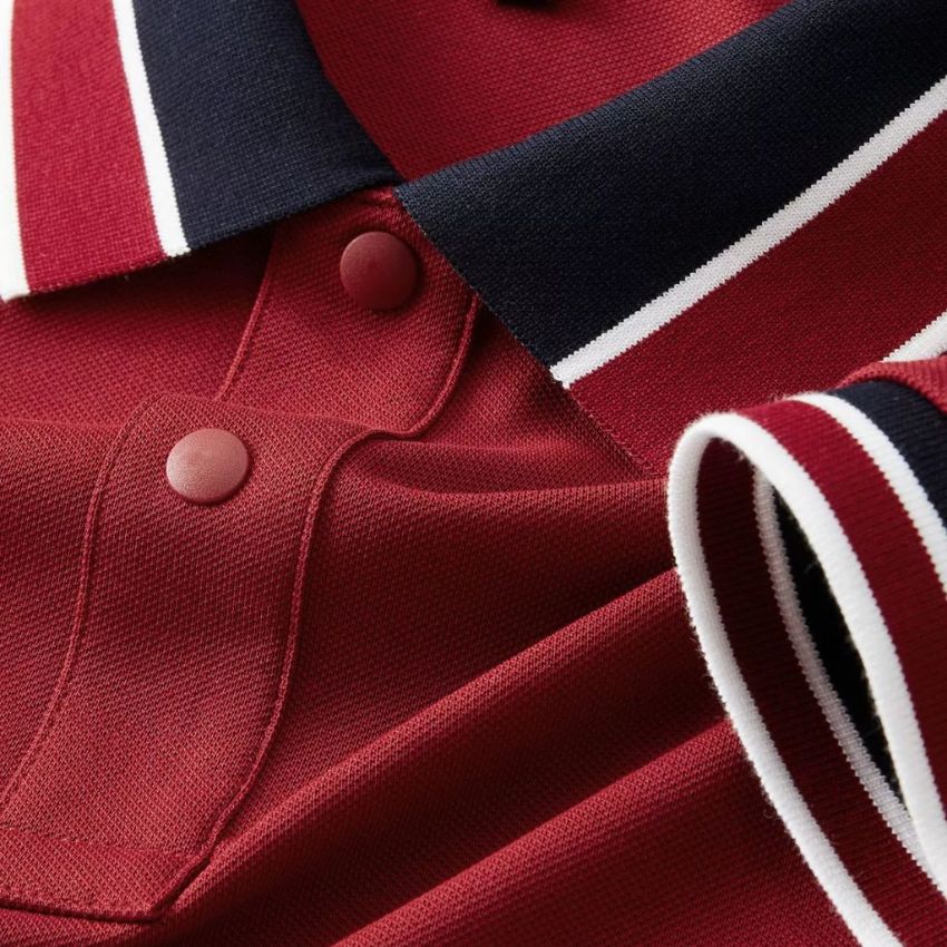 Men’s White Classic Piqué Polo Shirt with Navy and Burgundy Striped Ribbed Collar