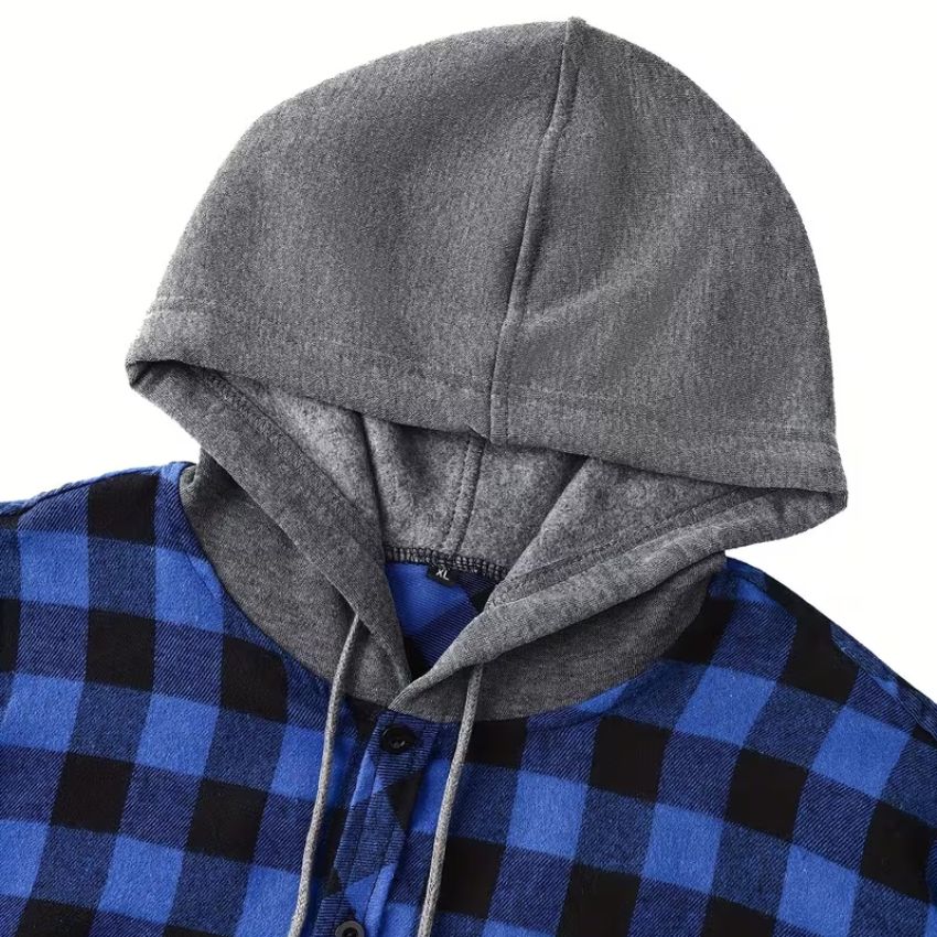 Men’s Blue Hooded Sweatshirt & Plaid Jacket — Button Front Streetwear Hoodie for Gym & Casual Wear