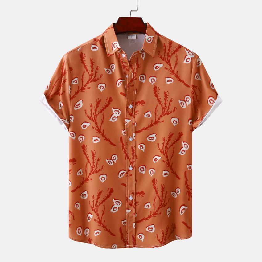 New Men’s Orange Floral Print Short Sleeve Shirt – Casual Button-Up Shirt
