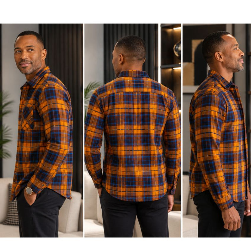 Men's Classic Oraneg and Navy Plaid Thermal-Lined Flannel Shirt