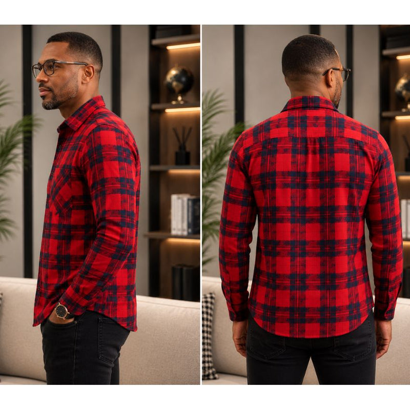 Men's Classic Red and Navy Plaid Thermal-Lined Flannel Shirt