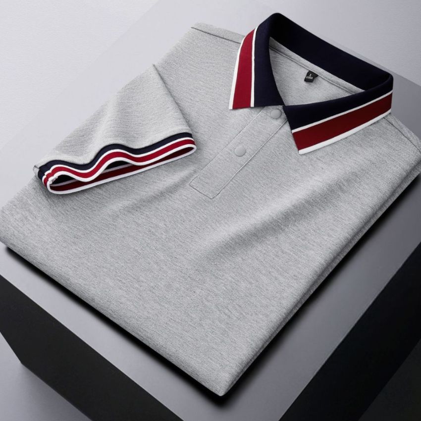 Men’s White Classic Piqué Polo Shirt with Navy and Burgundy Striped Ribbed Collar