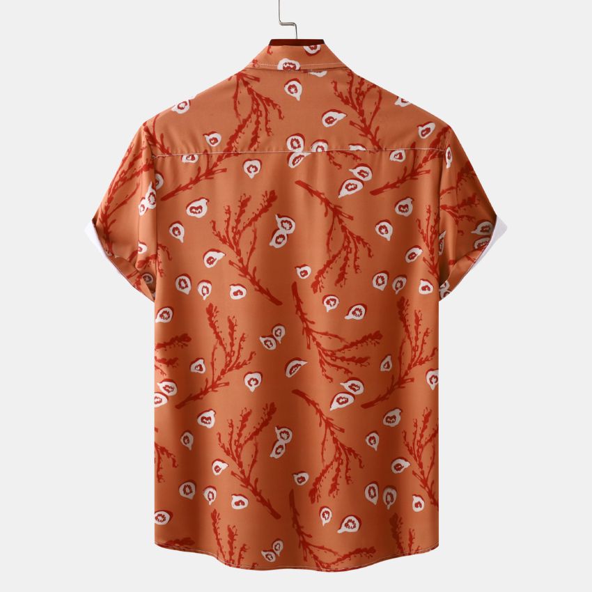 New Men’s Orange Floral Print Short Sleeve Shirt – Casual Button-Up Shirt