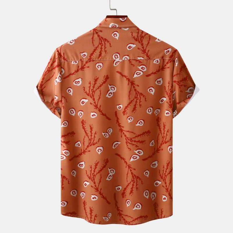 New Men’s Orange Floral Print Short Sleeve Shirt – Casual Button-Up Shirt