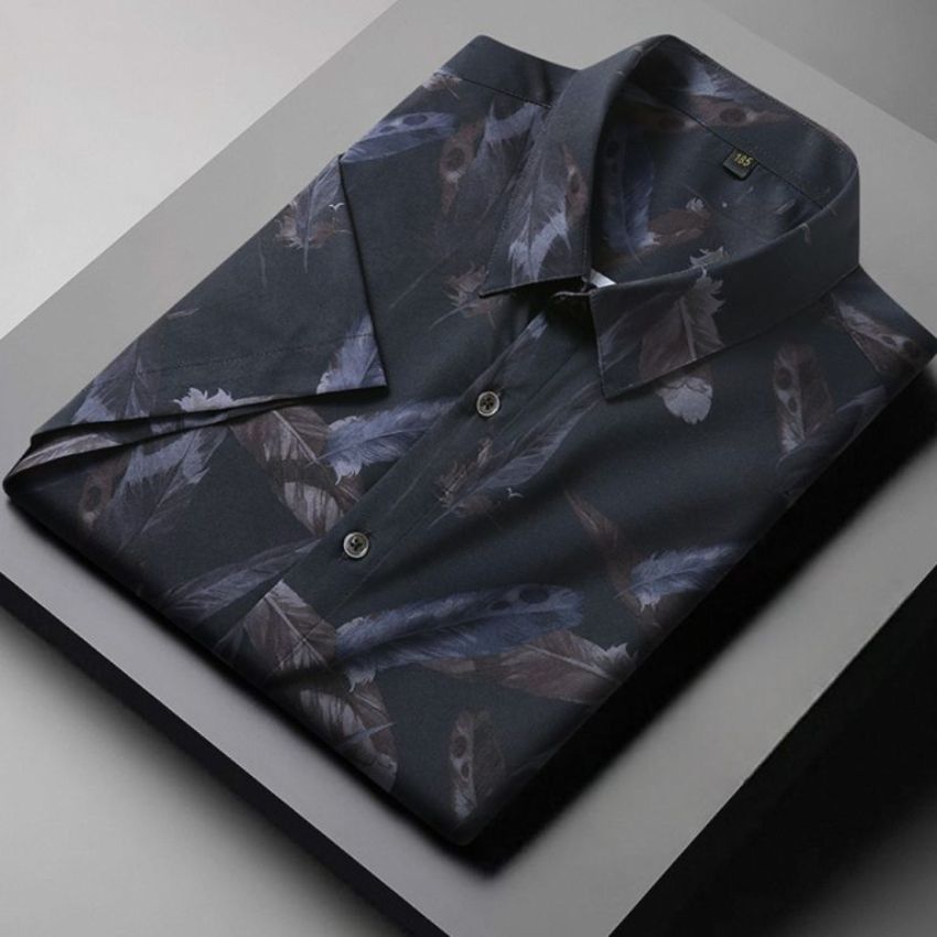 Men’s Large Short-Sleeve Floral Loose Casual Shirt Black