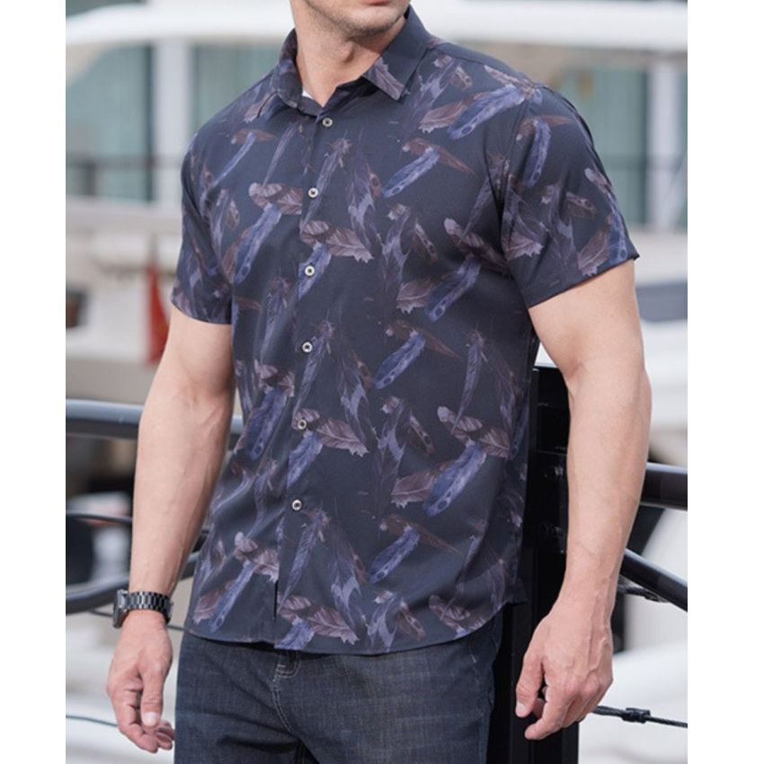 Men’s Large Short-Sleeve Floral Loose Casual Shirt Black