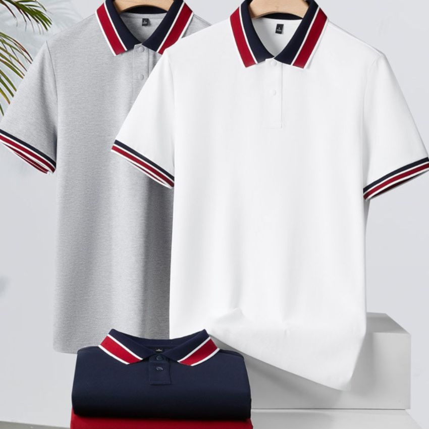 Men’s White Classic Piqué Polo Shirt with Navy and Burgundy Striped Ribbed Collar