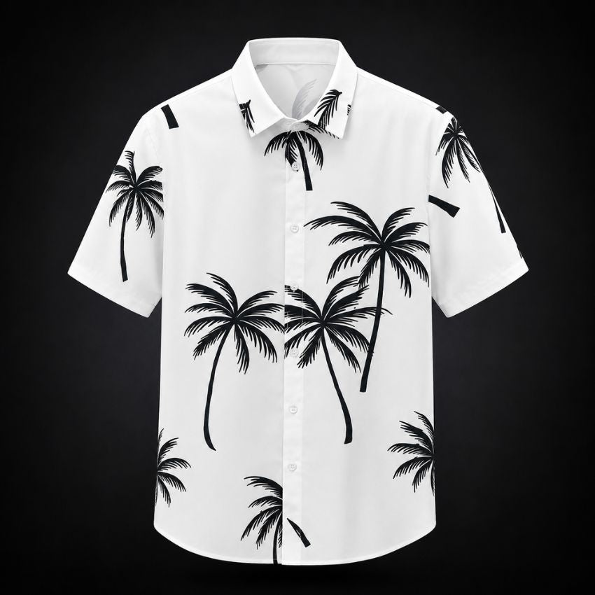 Men’s Summer Tropical Palm Print Short-Sleeve Button-Up Casual Shirt - White C254 - Sales