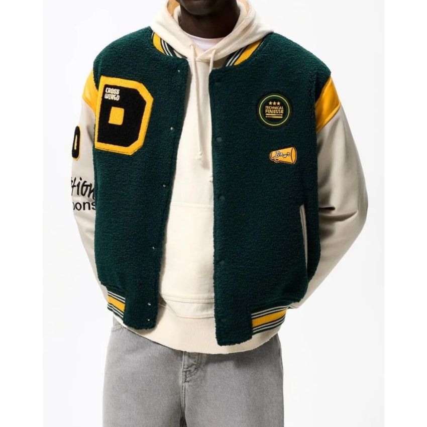ZARA Men’s Retro Varsity Letterman Jacket With Dark Green Wool-Blend Body Cream Faux Leather Sleeves Bold Yellow D