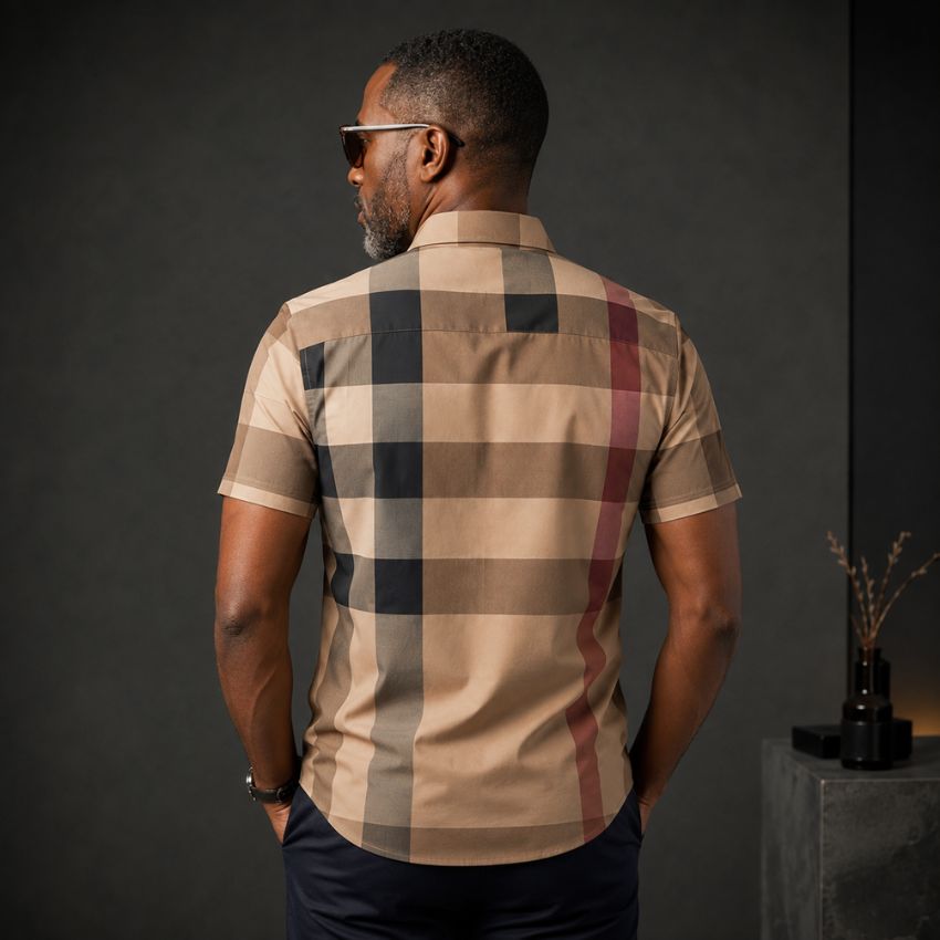 Men’s Premium Style Fit Beige Plaid Short Sleeves Shirt