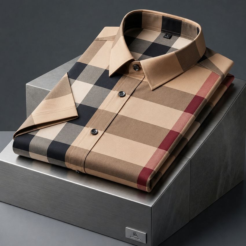 Men’s Premium Style Fit Beige Plaid Short Sleeves Shirt