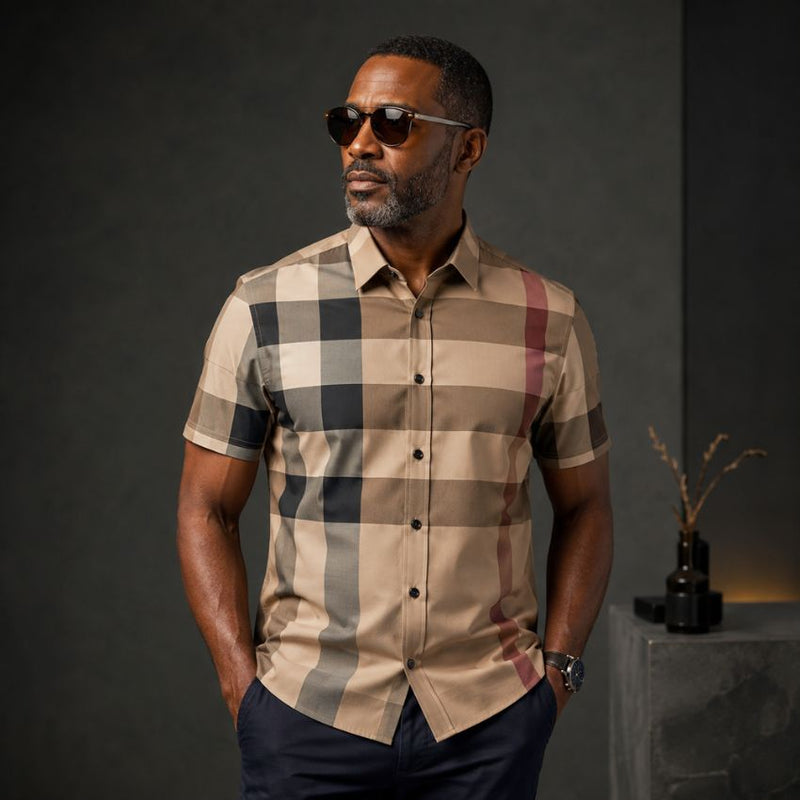 Men’s Premium Style Fit Beige Plaid Short Sleeves Shirt