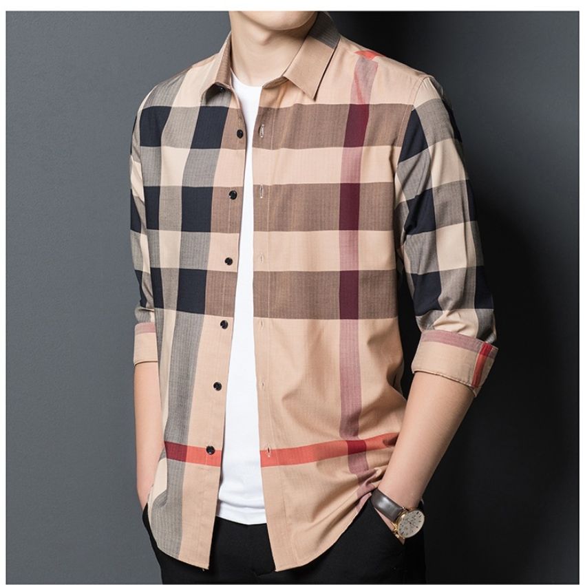 Men’s Premium Slim Fit Beige Plaid Long Sleeves Shirt
