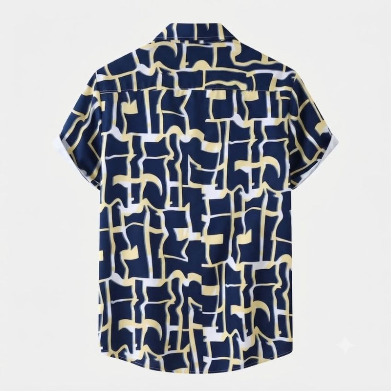Blue Short Sleeve Shirt Bamboo Pattern Beach Casual Fit Shirts - Sales