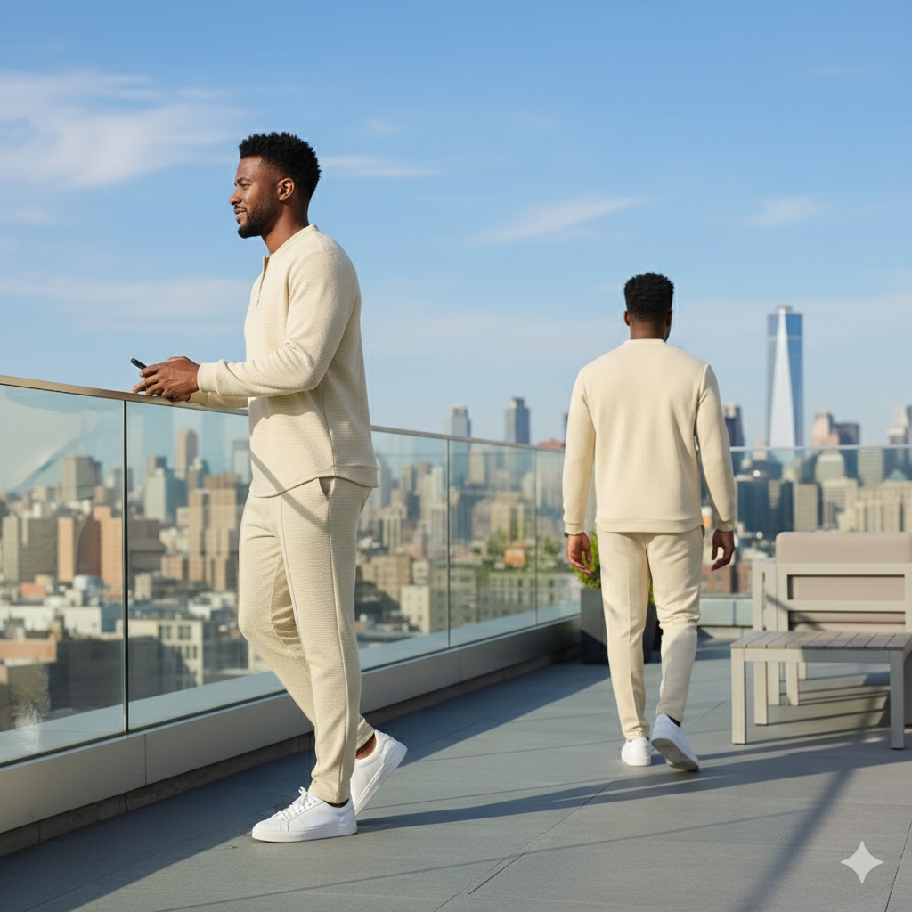 Cream Textured Two-Piece Set for Men