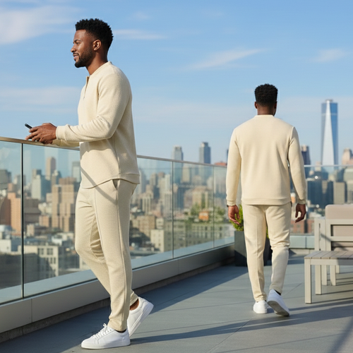 Cream Textured Two-Piece Set for Men