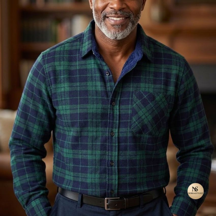 Men's Classic Green and Navy Plaid Thermal-Lined Flannel Shirt