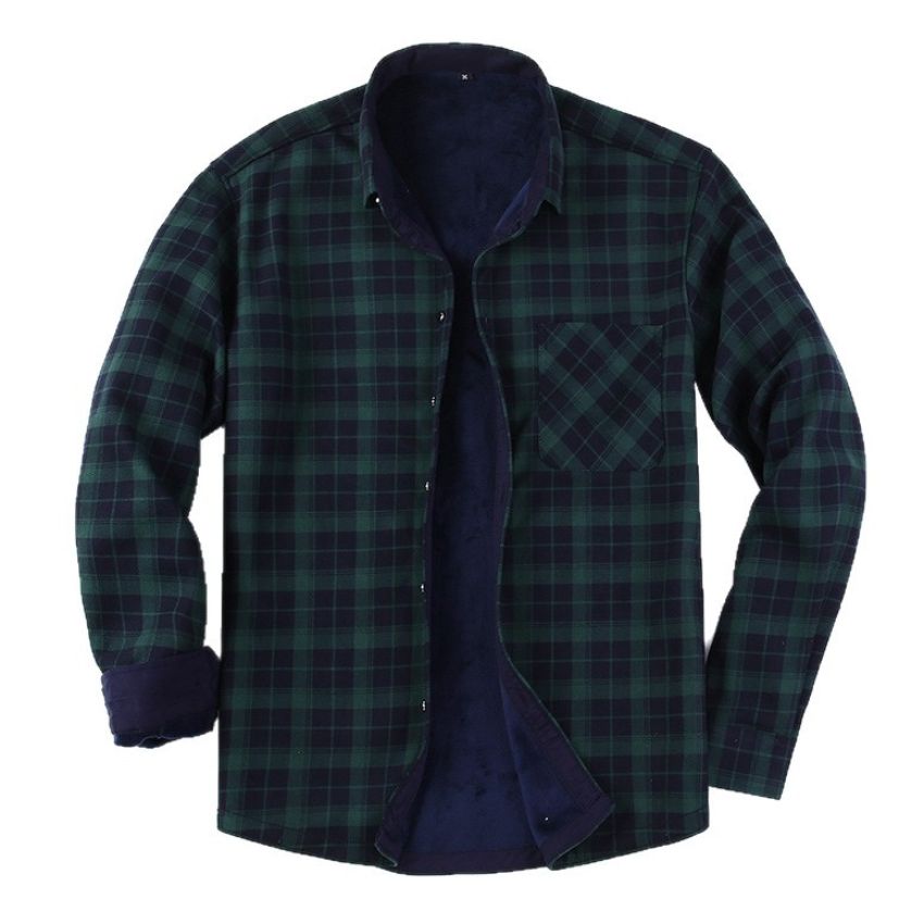 Men's Classic Green and Navy Plaid Thermal-Lined Flannel Shirt