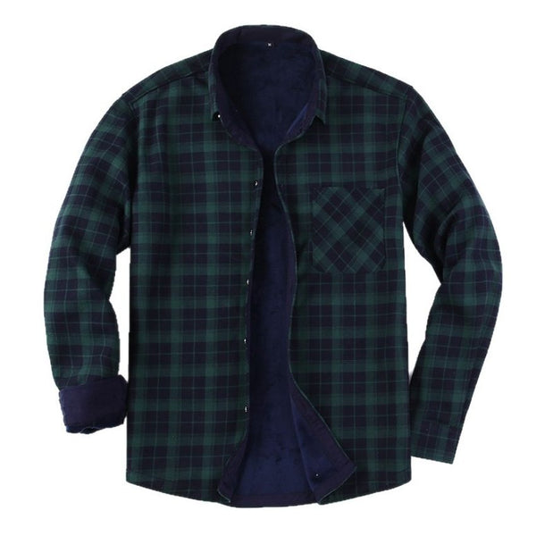 Men's Classic Green and Navy Plaid Thermal-Lined Flannel Shirt