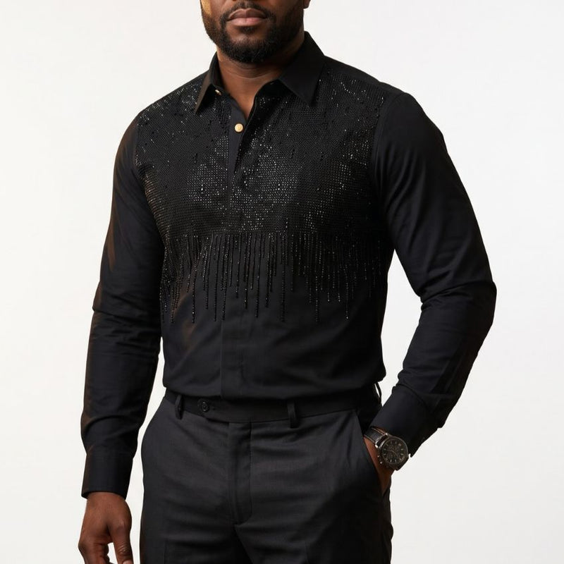 Men’s Luxury White Crystal-Embellished Long Sleeve Shirt