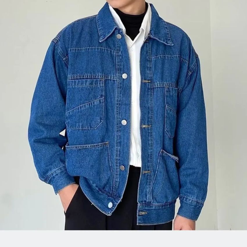 Men’s Retro Denim Jacket Loose Versatile Lapel Multi-pocket Casual Workwear - Noriastylez