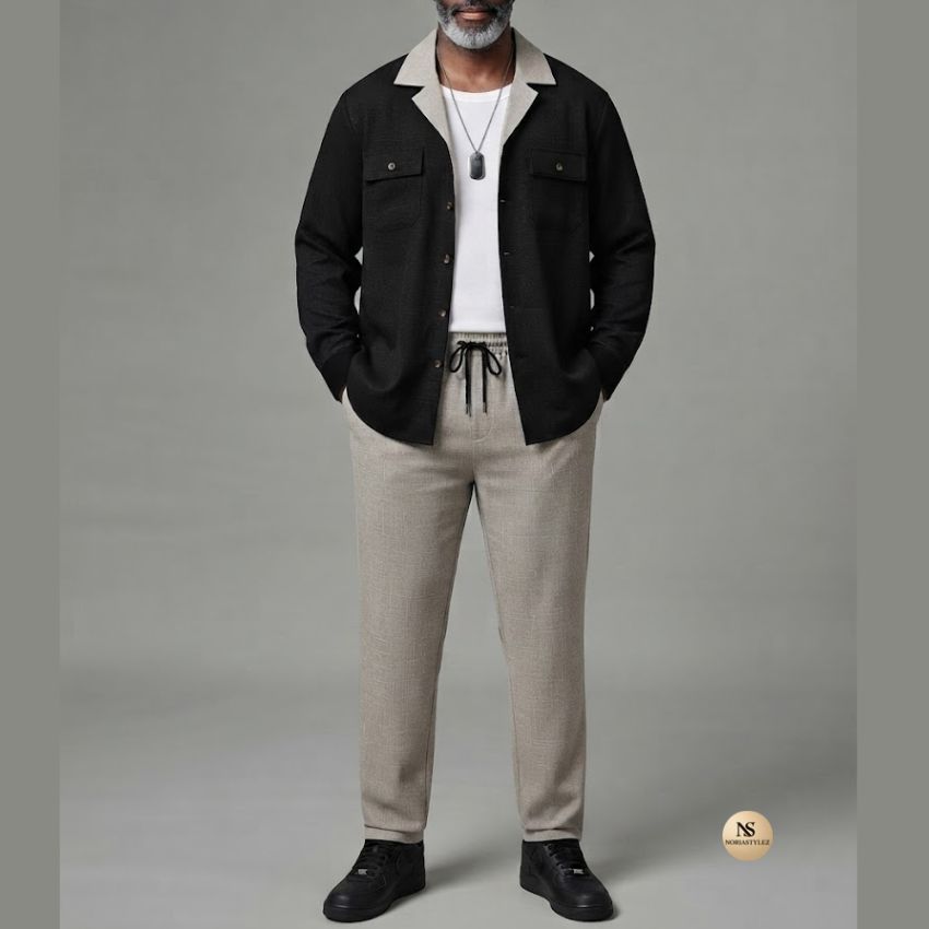 Men's Black Contrast Collar Textured Shacket & Pants Set