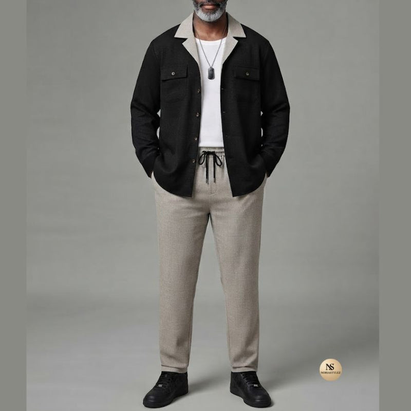 Men's Black Contrast Collar Textured Shacket & Pants Set