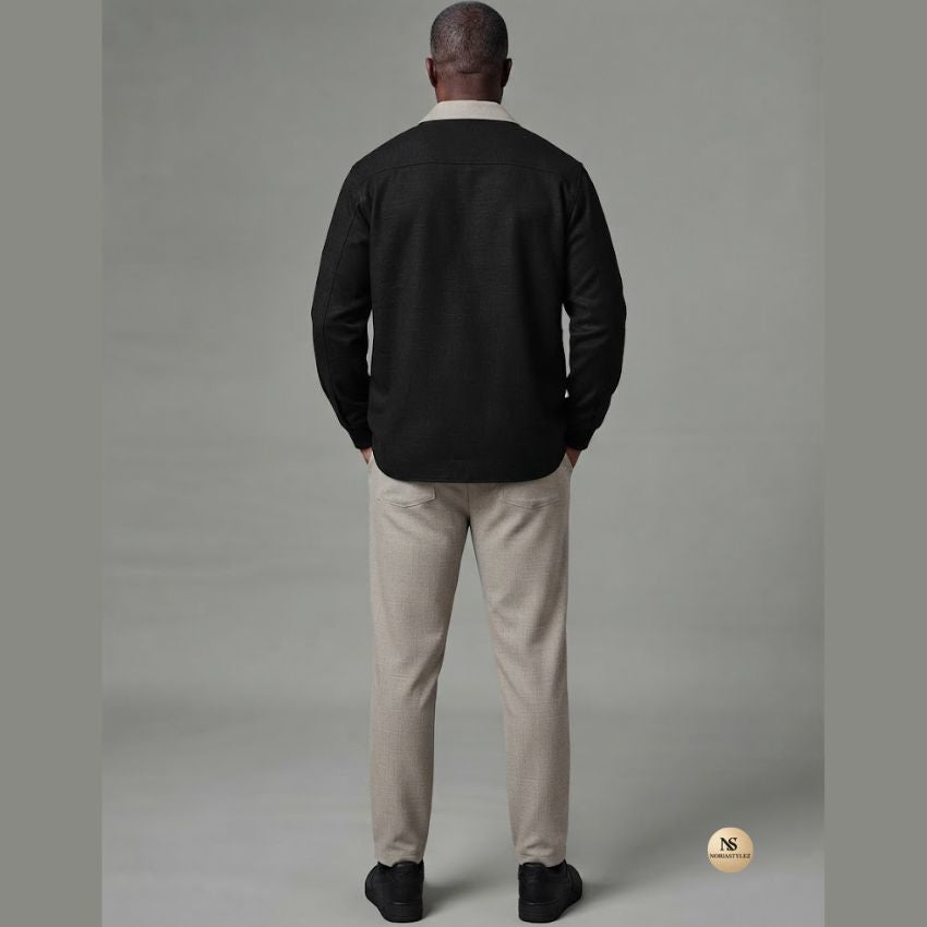 Men's Black Contrast Collar Textured Shacket & Pants Set