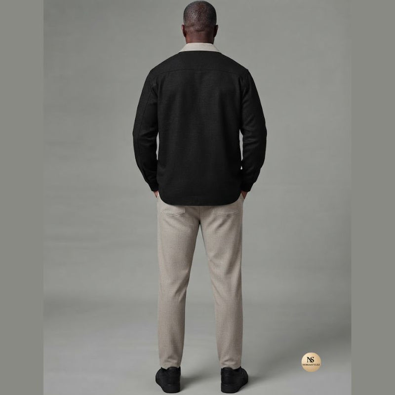 Men's Black Contrast Collar Textured Shacket & Pants Set