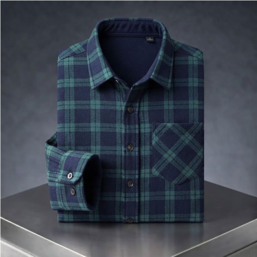 Men's Classic Green and Navy Plaid Thermal-Lined Flannel Shirt
