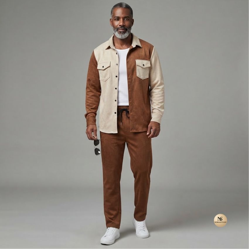 Men's Colorblock Suede Shacket & Jogger Set
